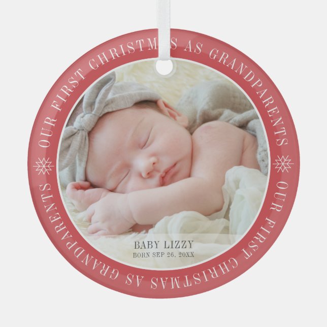 Our First Christmas As Grandparents Modern Photo Glass Ornament (Front)