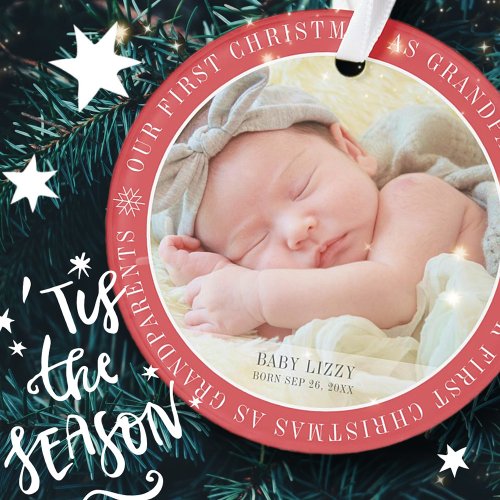 Our First Christmas As Grandparents Modern Photo Metal Ornament