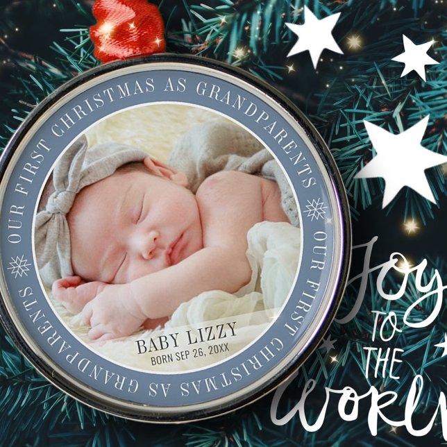 Our First Christmas As Grandparents Modern Photo Metal Ornament (Creator Uploaded)