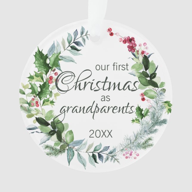 Our First Christmas as Grandparents Modern Wreath Ornament (Front)