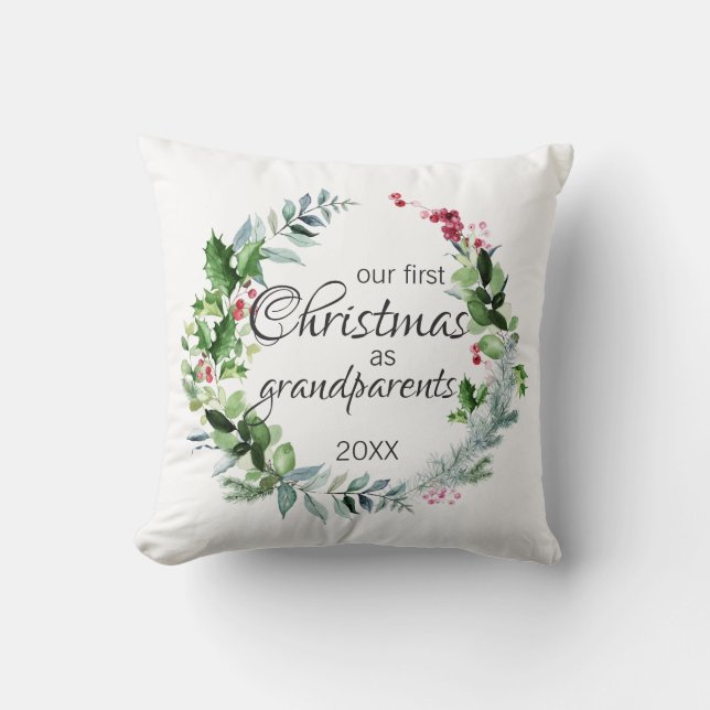 Our First Christmas as Grandparents Modern Wreath Throw Pillow (Front)