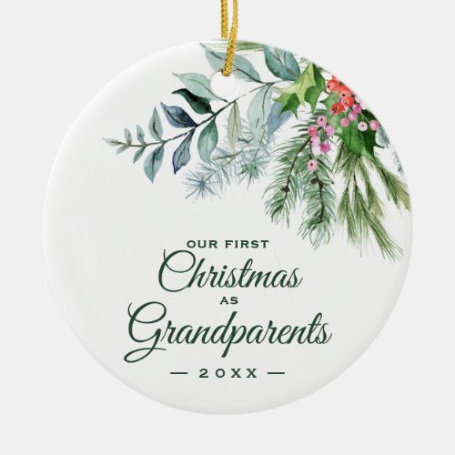Our First Christmas as Grandparents Photo Greenery Ceramic Ornament