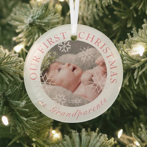 Our First Christmas as Grandparents Pink Photo Glass Ornament