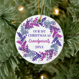 Our First Christmas as Grandparents Purple Wreath Ceramic Ornament