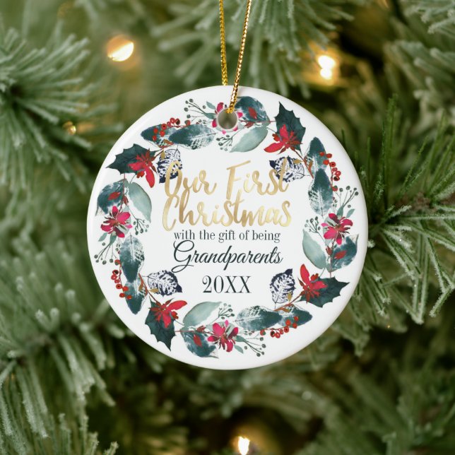 Our First Christmas as Grandparents Red Floral Ceramic Ornament (Tree)