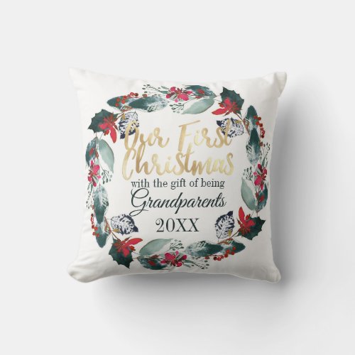 Our First Christmas as Grandparents Red Floral Throw Pillow