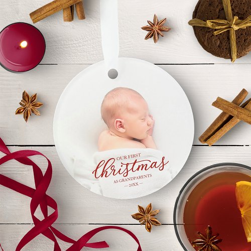 Our First Christmas As Grandparents Red Script Ornament