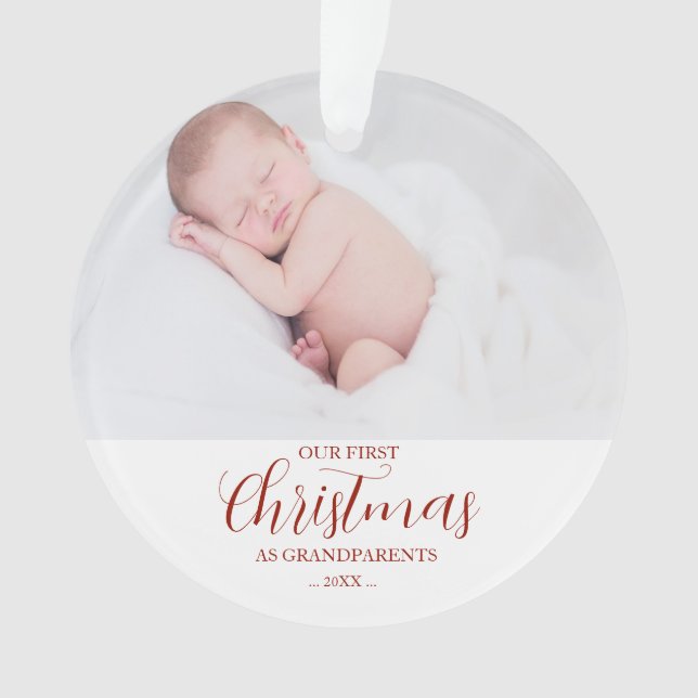 Our First Christmas As Grandparents Red Script Ornament (Front)