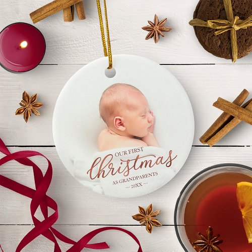 Our First Christmas As Grandparents Rose Gold Foil Ceramic Ornament