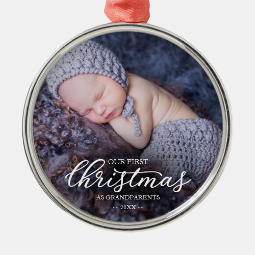 Our First Christmas As Grandparents White Script Metal Ornament