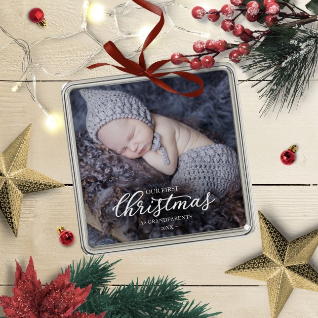 Our First Christmas As Grandparents White Script  Metal Ornament (Creator Uploaded)