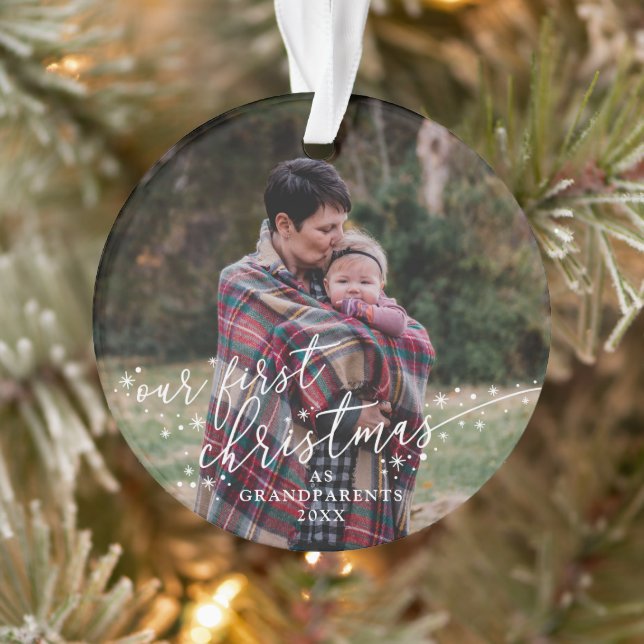 Our First Christmas As Grandparents White Script Ornament (Tree)