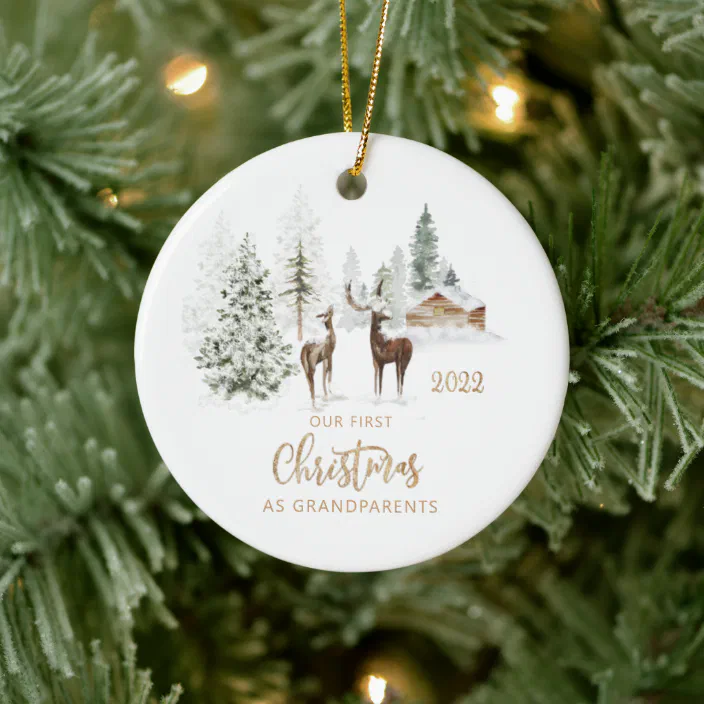Woodlands Christmas 2022 Our First Christmas As Grandparents Woodland Ceramic Ornament | Zazzle.com