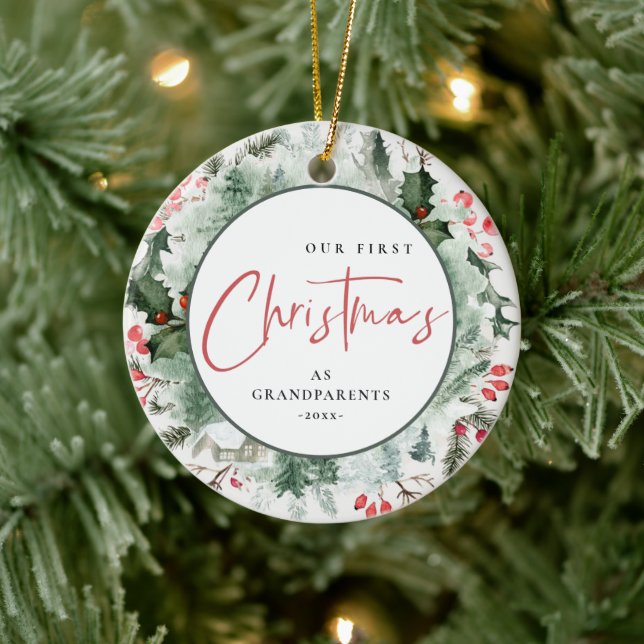 Our First Christmas as Grandparents Wreath Photo  Ceramic Ornament (Tree)
