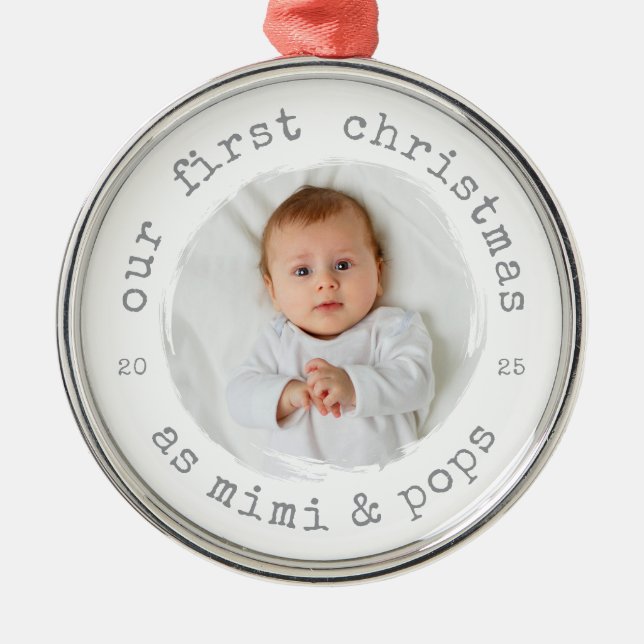Our First Christmas as Mimi & Pops 2025 Photo Metal Ornament (Front)