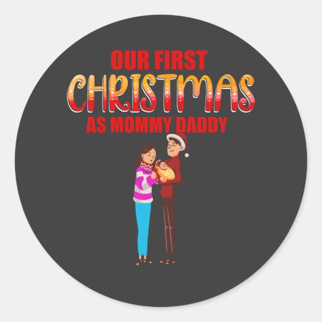 Our First Christmas as Mom and Dad Baby Photo  Classic Round Sticker (Front)