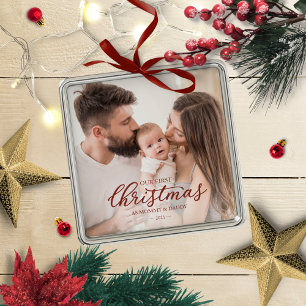 Our First Christmas as Mom and Dad Baby Photo Metal Ornament
