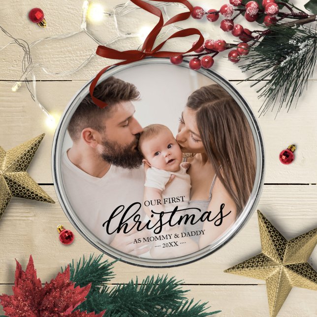 Our First Christmas as Mom and Dad Baby Photo Metal Ornament (Creator Uploaded)