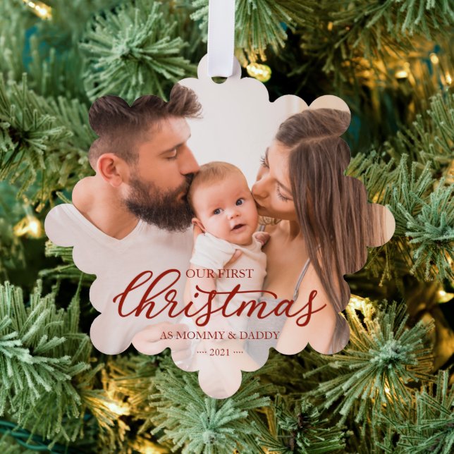 Our First Christmas as Mom and Dad Baby Photo  Ornament Card (Insitu (Tree))