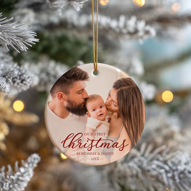Our First Christmas as Mom and Dad Family Photo Ceramic Ornament (Creator Uploaded)