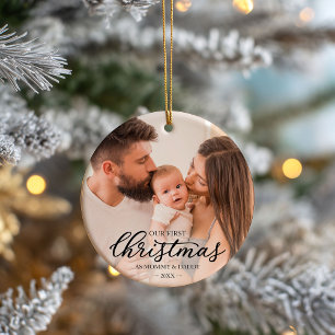Our First Christmas as Mom and Dad Family Photo Ceramic Ornament