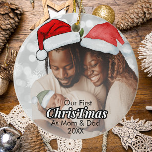 Our First Christmas as Mom and Dad Family Photo Ceramic Ornament
