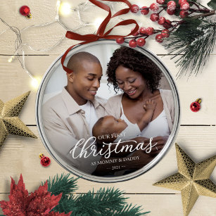 Our First Christmas as Mom and Dad Family Photo Metal Ornament