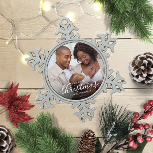 Our First Christmas as Mom and Dad Family Photo Snowflake Pewter Christmas Ornament