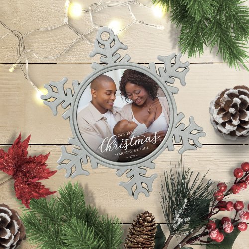Our First Christmas as Mom and Dad Family Photo Snowflake Pewter Christmas Ornament