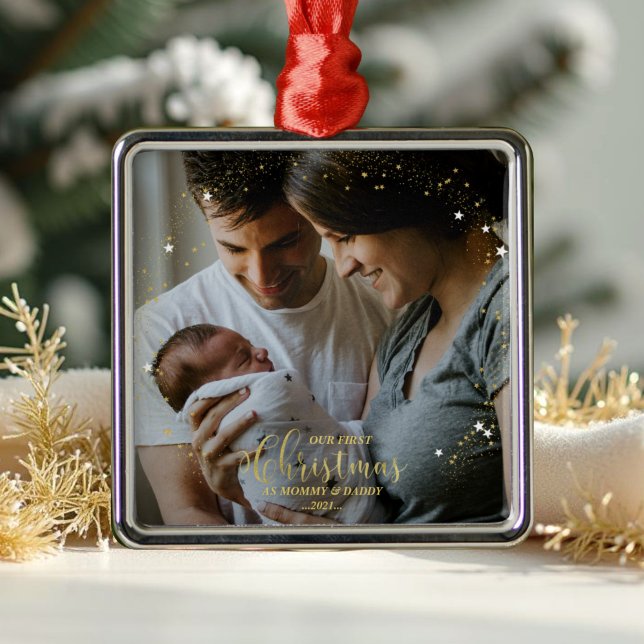 Our First Christmas as Mom and Dad Gilded Photo Metal Ornament (Creator Uploaded)