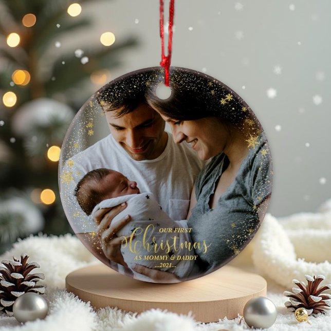 Our First Christmas as Mom and Dad Gilded Photo Ornament (Creator Uploaded)