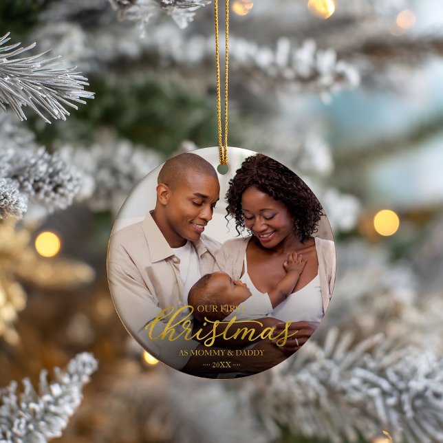 Our First Christmas as Mom and Dad Gold Foil Photo Ceramic Ornament (Creator Uploaded)