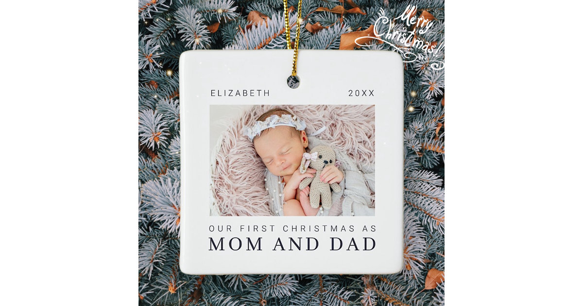 Our First Christmas as Mom and Dad Modern Chic Ceramic Ornament | Zazzle