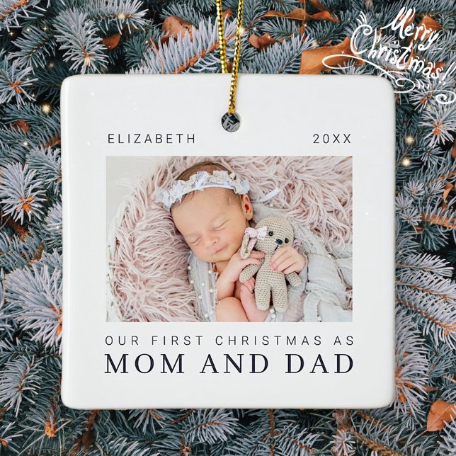 Our First Christmas as Mom and Dad Modern Chic Ceramic Ornament (Creator Uploaded)