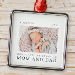 Our First Christmas as Mom and Dad Modern Chic Metal Ornament<br><div class="desc">Design is composed of modern chic typography with sans serif and serif font. Add a custom photo of baby and year.</div>