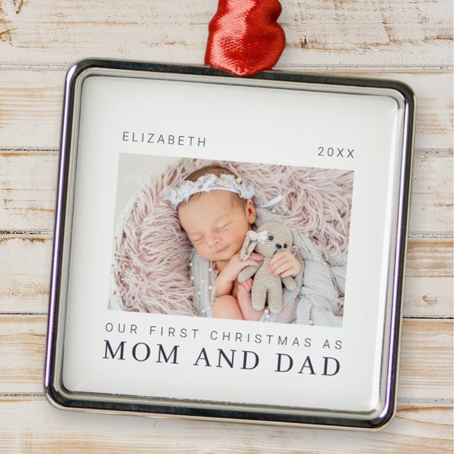 Our First Christmas as Mom and Dad Modern Chic Metal Ornament (Creator Uploaded)