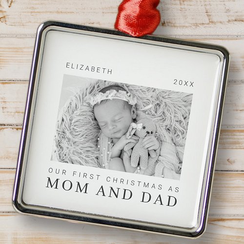 Our First Christmas as Mom and Dad Modern Chic Metal Ornament