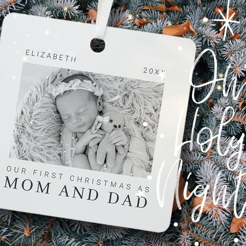 Our First Christmas as Mom and Dad Modern Chic Metal Ornament