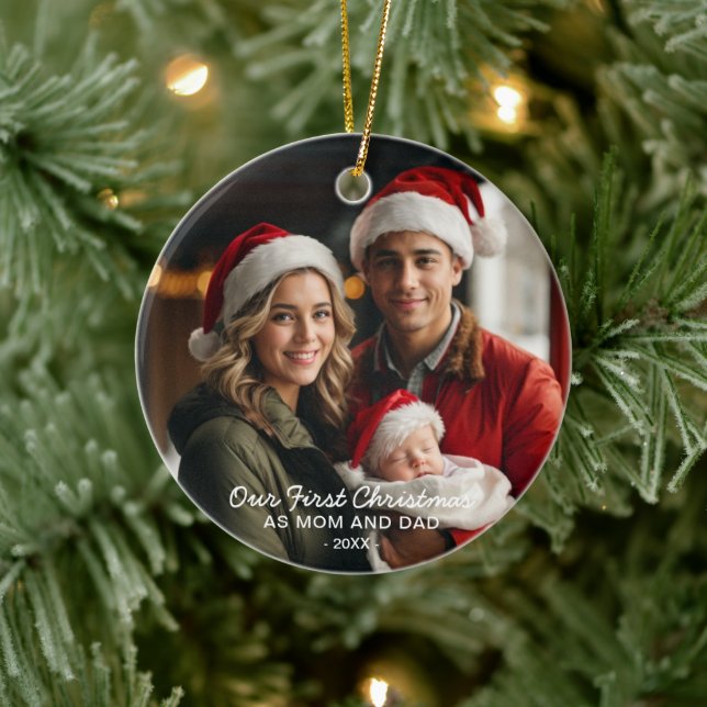 Our First Christmas as Mom and Dad Photo Ceramic Ornament (Tree)