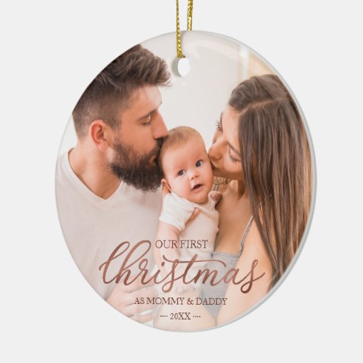 Our First Christmas as Mom and Dad Rose Gold Foil Ceramic Ornament | Zazzle