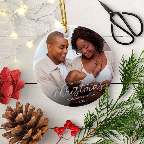 Our First Christmas as Mom and Dad Silver Foil Ceramic Ornament