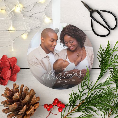 Our First Christmas as Mom and Dad Silver Foil Ornament