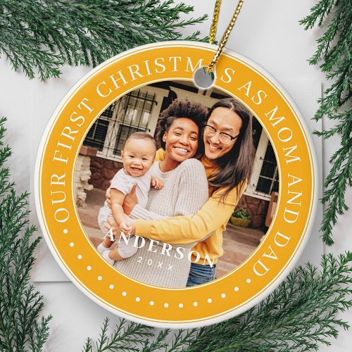 Our First Christmas As Mom And Dad Simple Photo Ceramic Ornament