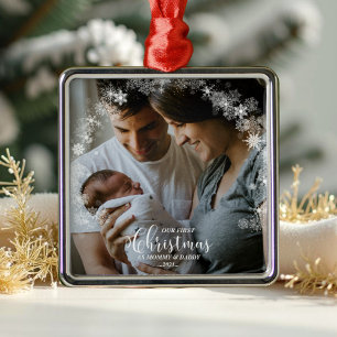 Our First Christmas as Mom and Dad Snowflake Photo Metal Ornament