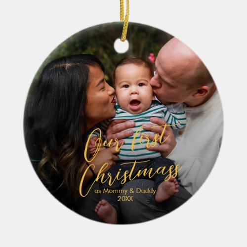 Our First Christmas as Mom  Dad Family Photo Cera Ceramic Ornament