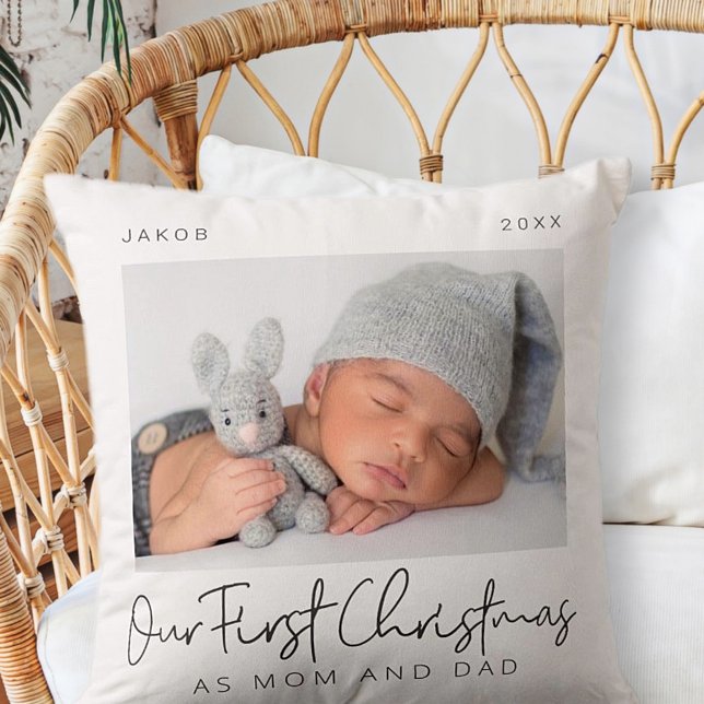 Our First Christmas as Mom & Dad Modern Minimalist Throw Pillow (Creator Uploaded)
