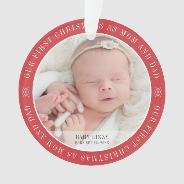 Our First Christmas As Mom & Dad Modern Two Photo Ornament (Front)