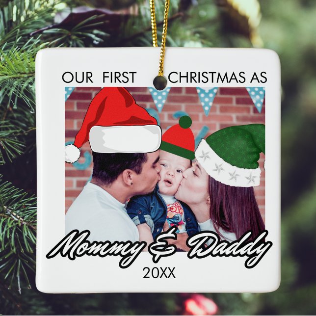 Our First Christmas as Mommy and Daddy baby Photo Ceramic Ornament (Creator Uploaded)