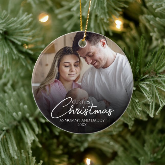Our First Christmas As Mommy And Daddy Photo Ceramic Ornament (Tree)