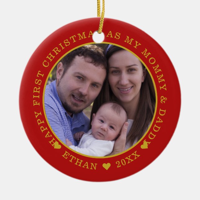 Our First Christmas As Mommy And Daddy Photo Red Ceramic Ornament (Front)